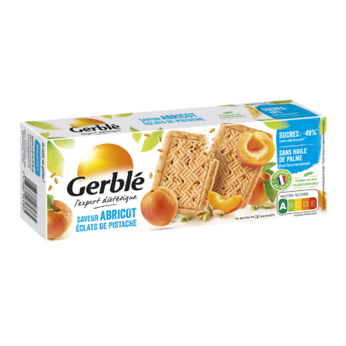Le biscuit Gerblé au pistache et abricot à teneur réduite en sucre pour le goûter Gerblé Biscuit Abricot Pistache