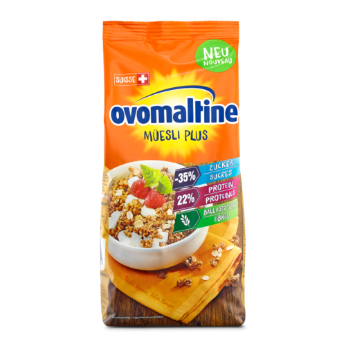 Ovomaltine Knuspermüesli mit Haferflocken und 22% Protein Ovomaltine Müesli Plus